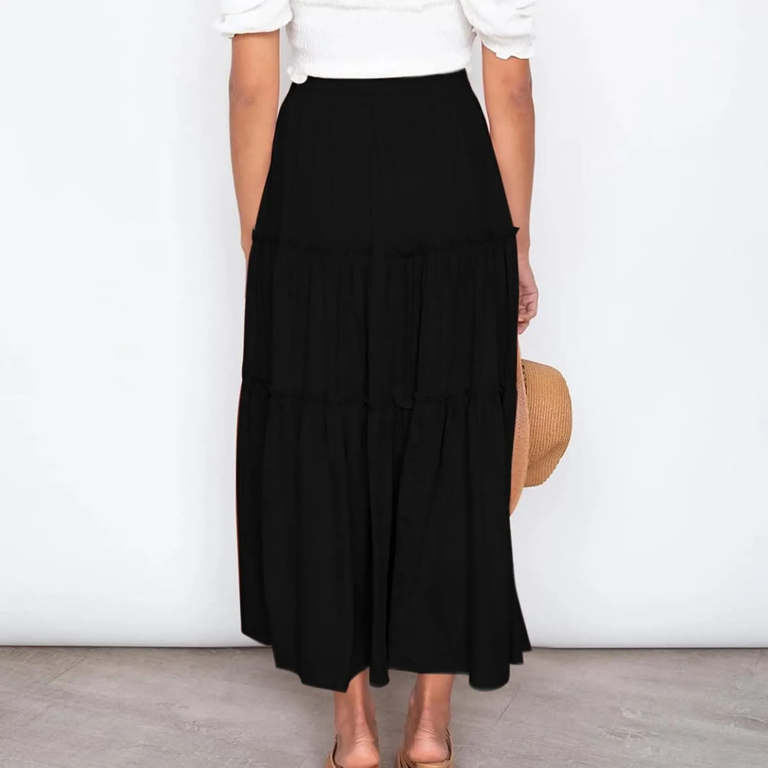 Women's Flowy Boho Maxi Skirt Summer Long Skirts Trendy High Waist Pleated Tiered A Line Beach Mid Calf Skirt