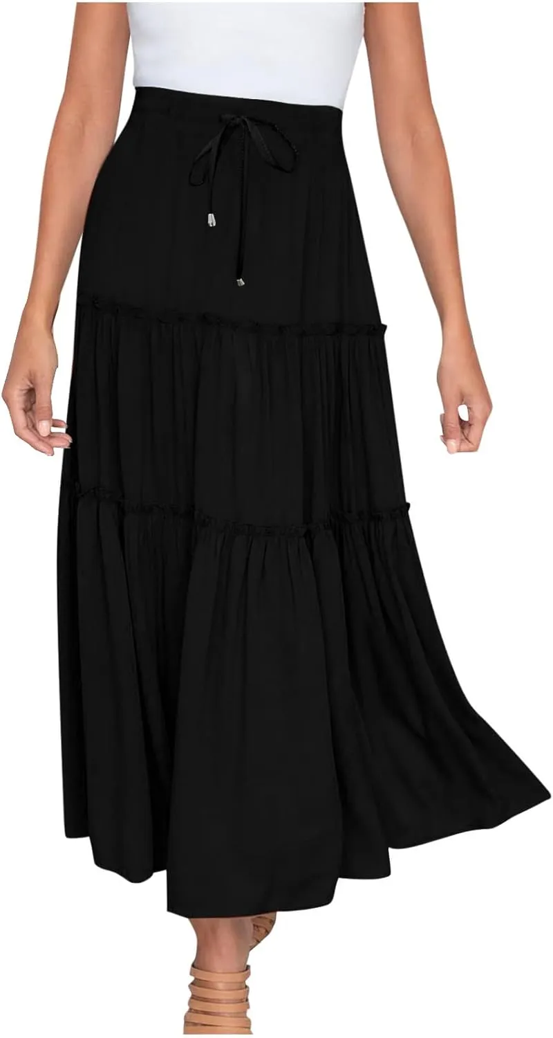 Women's Flowy Boho Maxi Skirt Summer Long Skirts Trendy High Waist Pleated Tiered A Line Beach Mid Calf Skirt