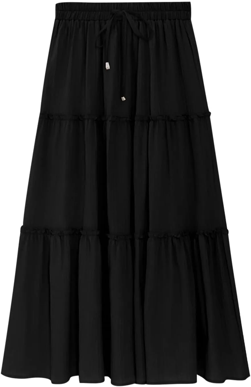Women's Flowy Boho Maxi Skirt Summer Long Skirts Trendy High Waist Pleated Tiered A Line Beach Mid Calf Skirt