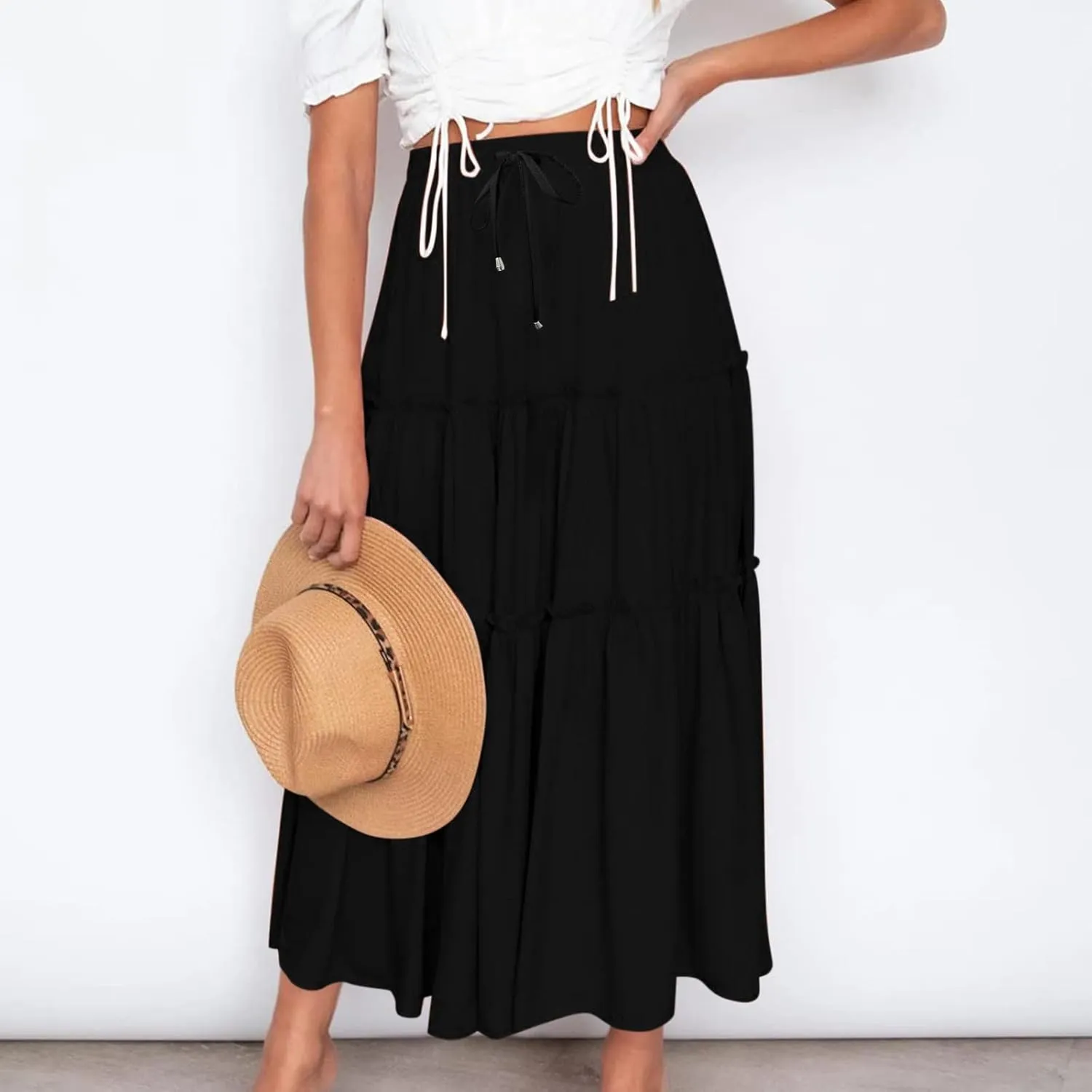 Women's Flowy Boho Maxi Skirt Summer Long Skirts Trendy High Waist Pleated Tiered A Line Beach Mid Calf Skirt