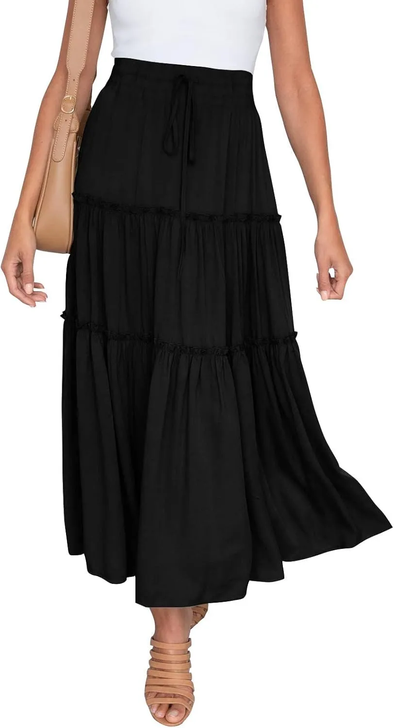 Women's Flowy Boho Maxi Skirt Summer Long Skirts Trendy High Waist Pleated Tiered A Line Beach Mid Calf Skirt
