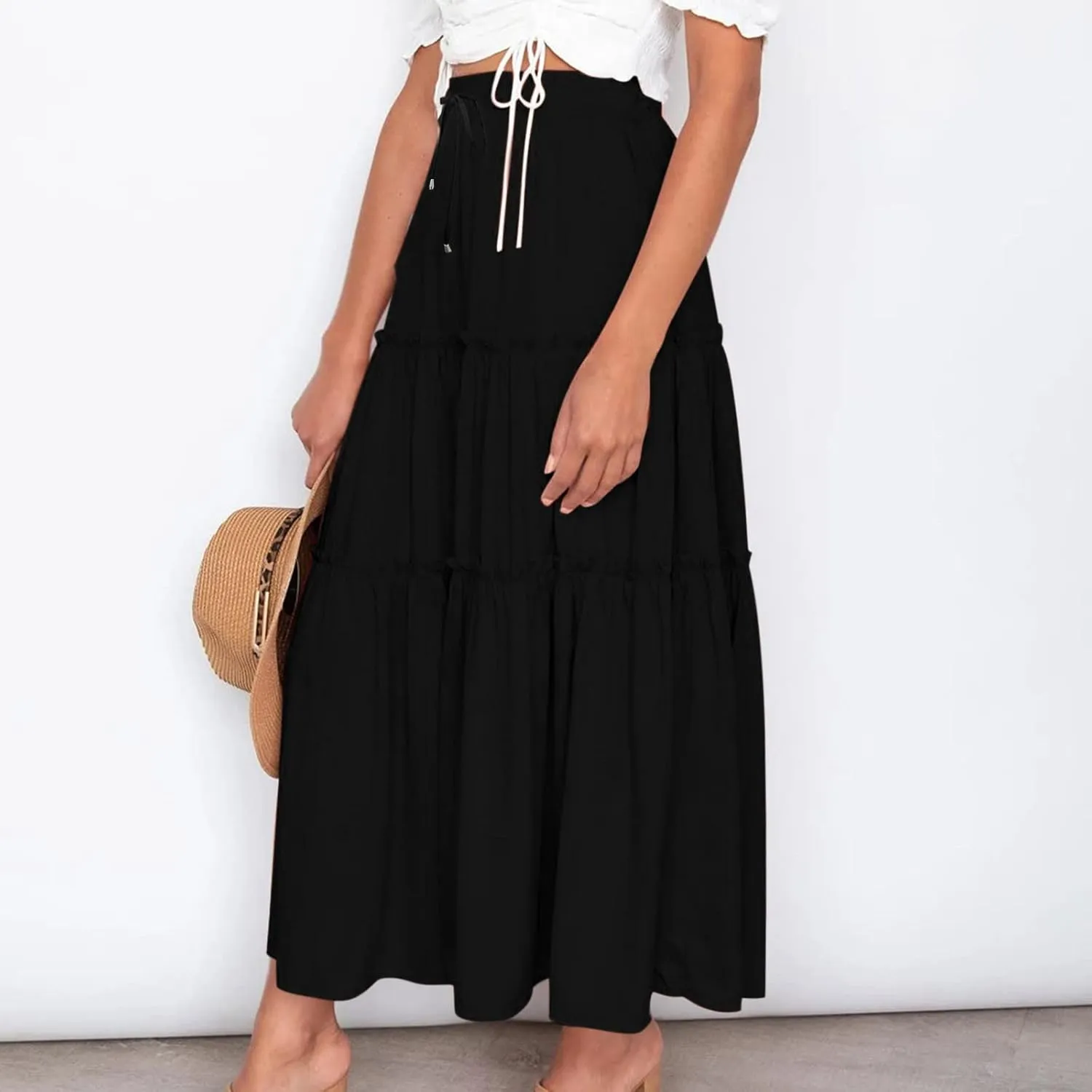 Women's Flowy Boho Maxi Skirt Summer Long Skirts Trendy High Waist Pleated Tiered A Line Beach Mid Calf Skirt