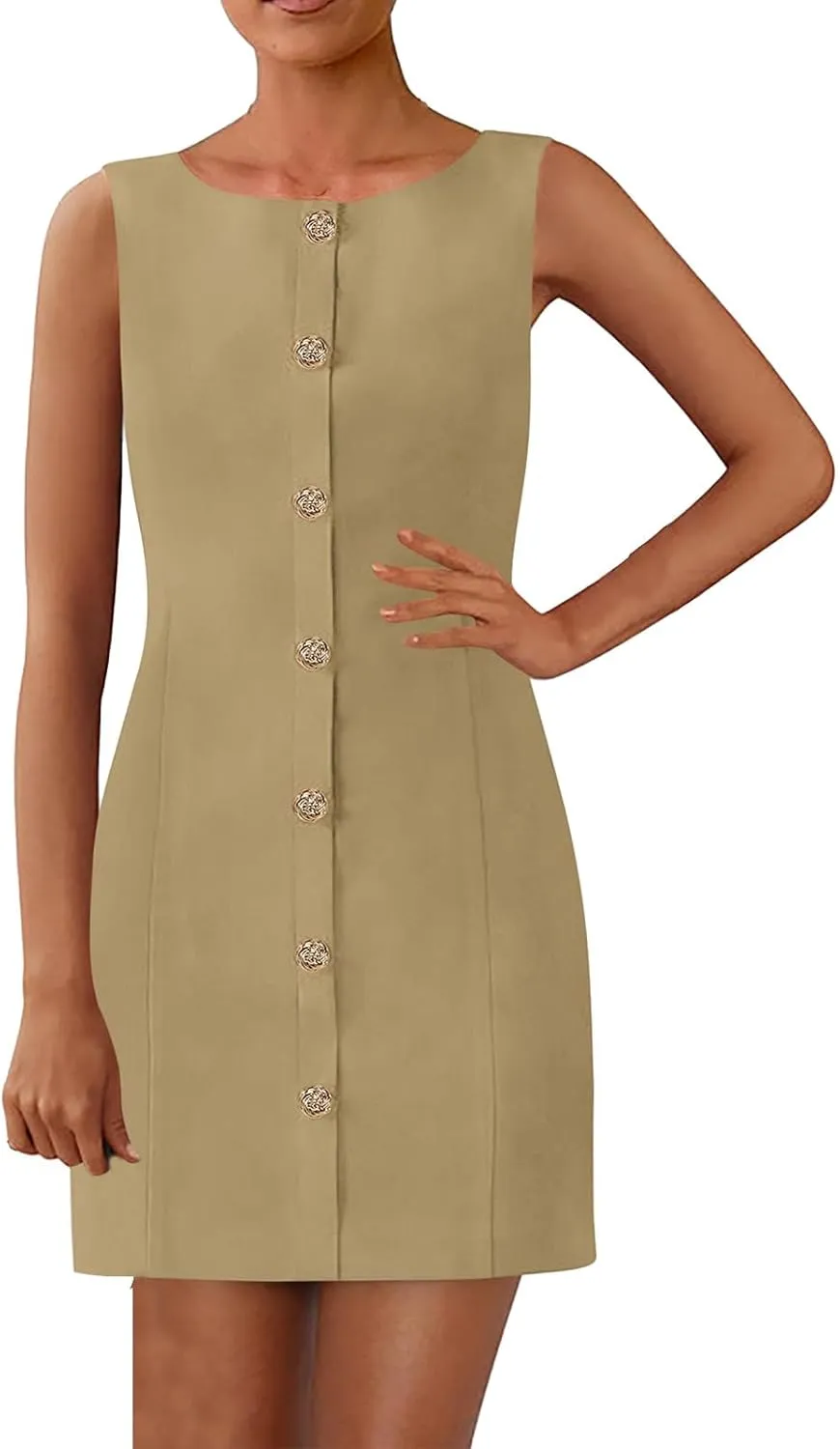 Womens Formal Dress Sleeveless Button Down Crewneck Mini Dress Summer Elegant Business Work Office Short Dresses