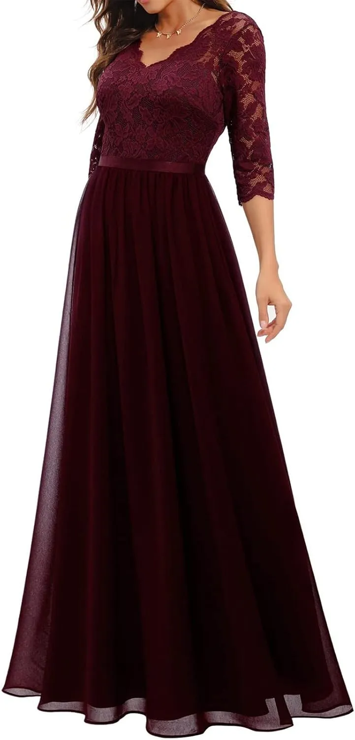 Women's Formal Wedding Guest Dress Fall Casual Flowy V-Neck Lace Maxi Dresses