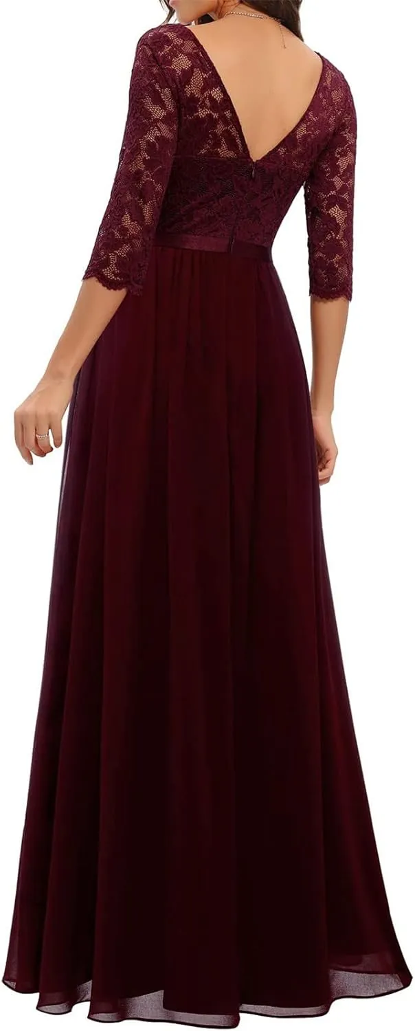 Women's Formal Wedding Guest Dress Fall Casual Flowy V-Neck Lace Maxi Dresses