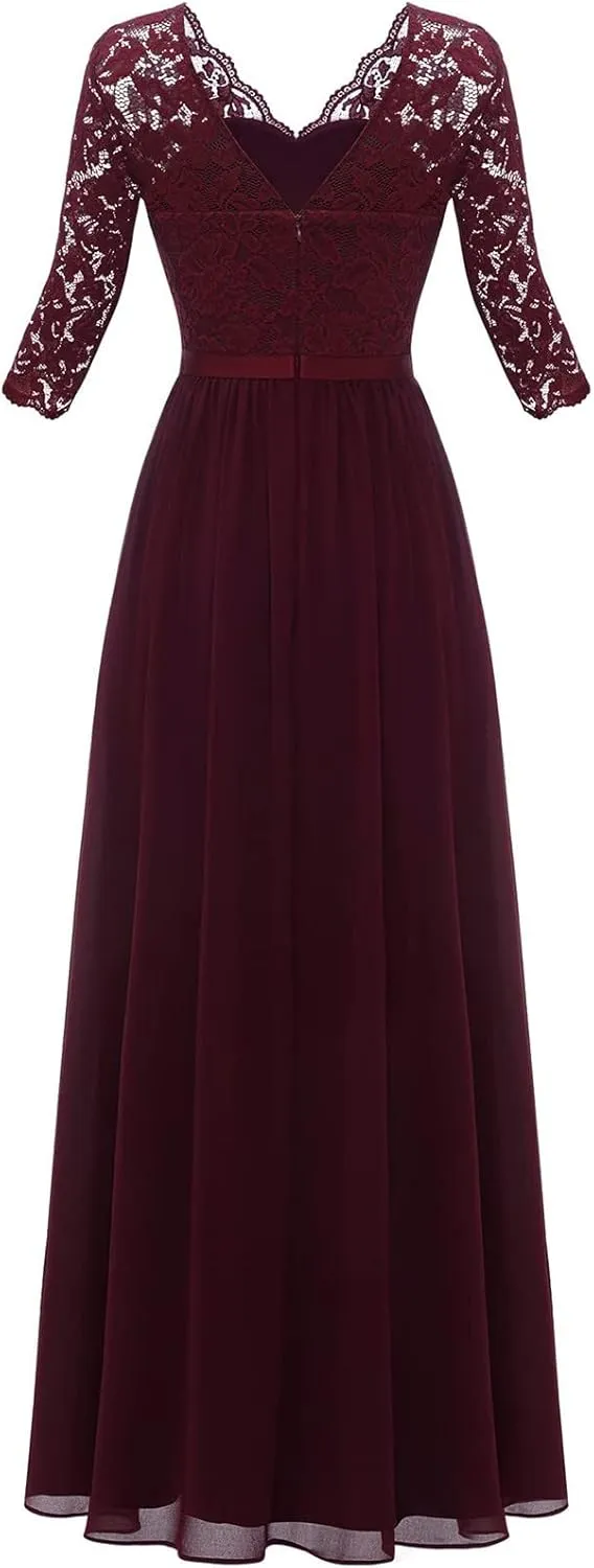 Women's Formal Wedding Guest Dress Fall Casual Flowy V-Neck Lace Maxi Dresses