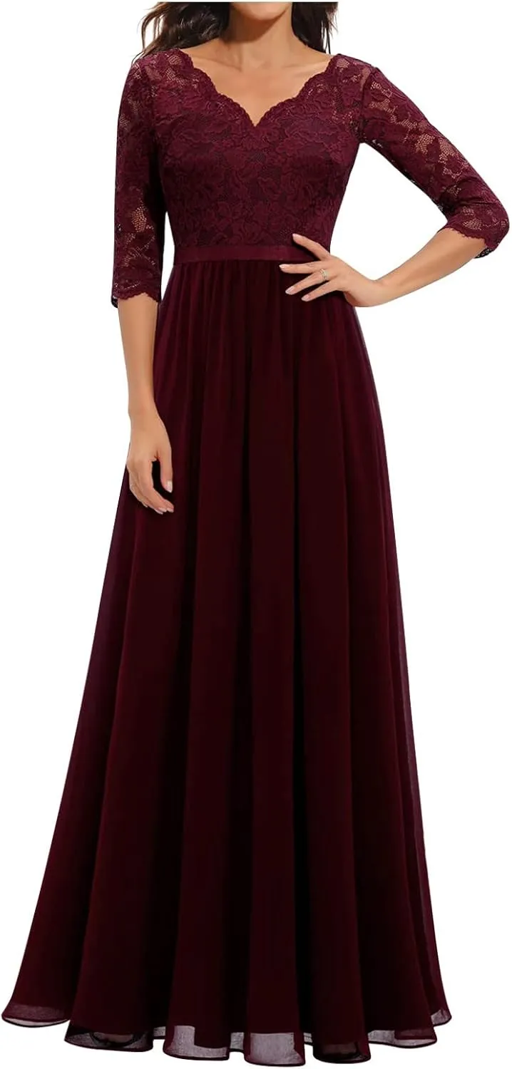 Women's Formal Wedding Guest Dress Fall Casual Flowy V-Neck Lace Maxi Dresses