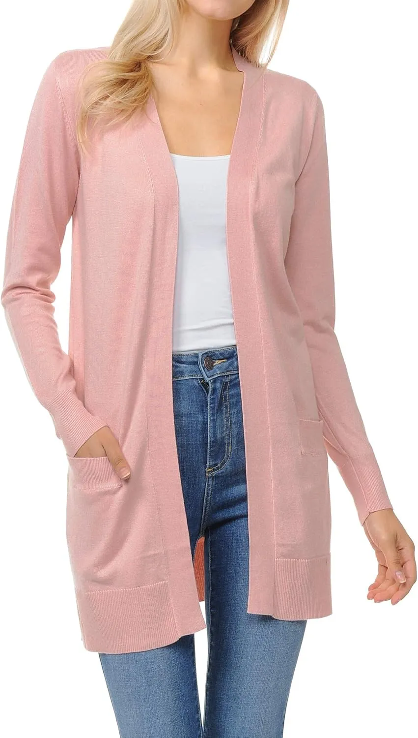 Womens Light Weight Open Front Long Cardigan with Pockets