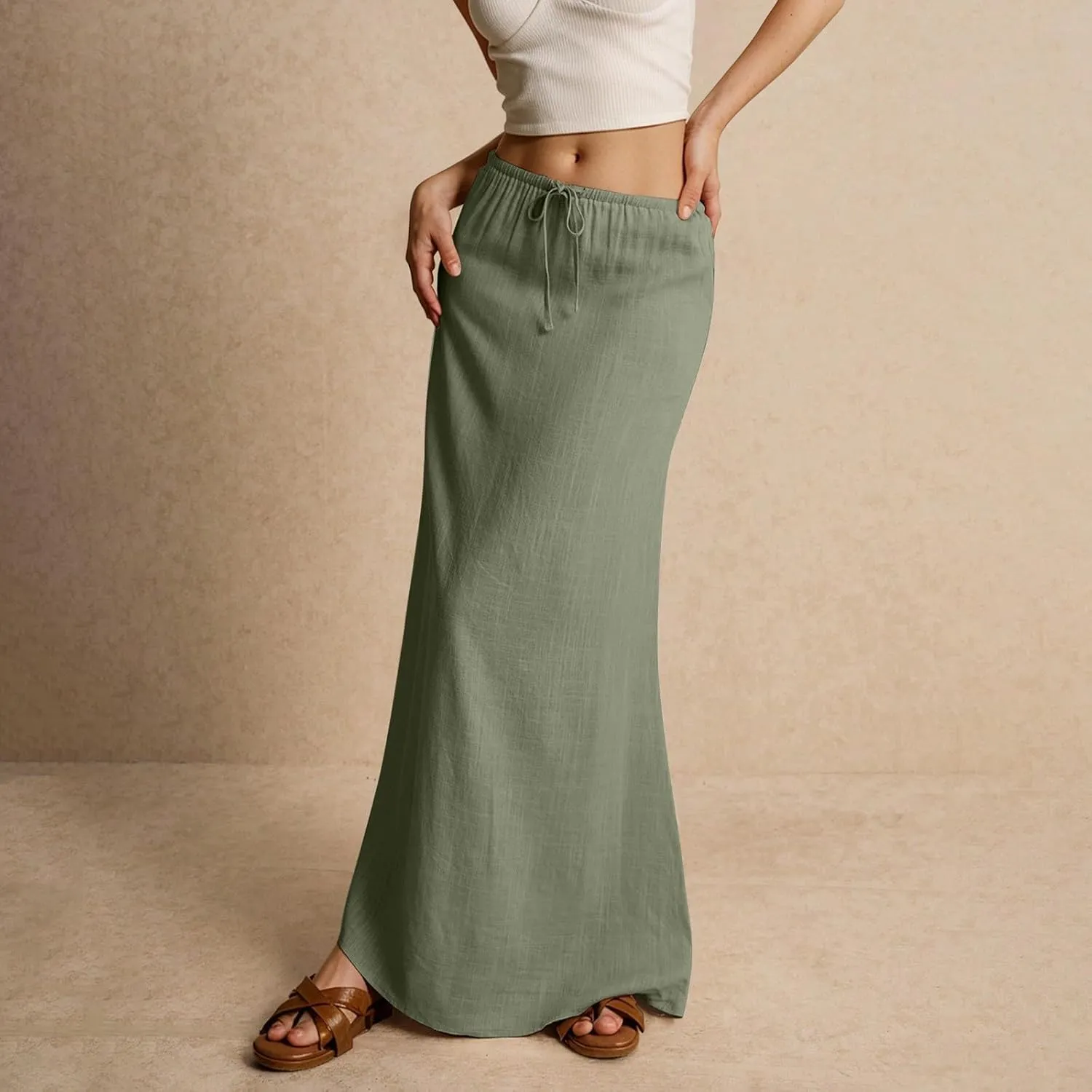 Womens Linen Skirt Cotton Linen Maxi Summer Comfy Drawstring Low Waist Spring Midi Skirt Flowy Vacation Bohemian