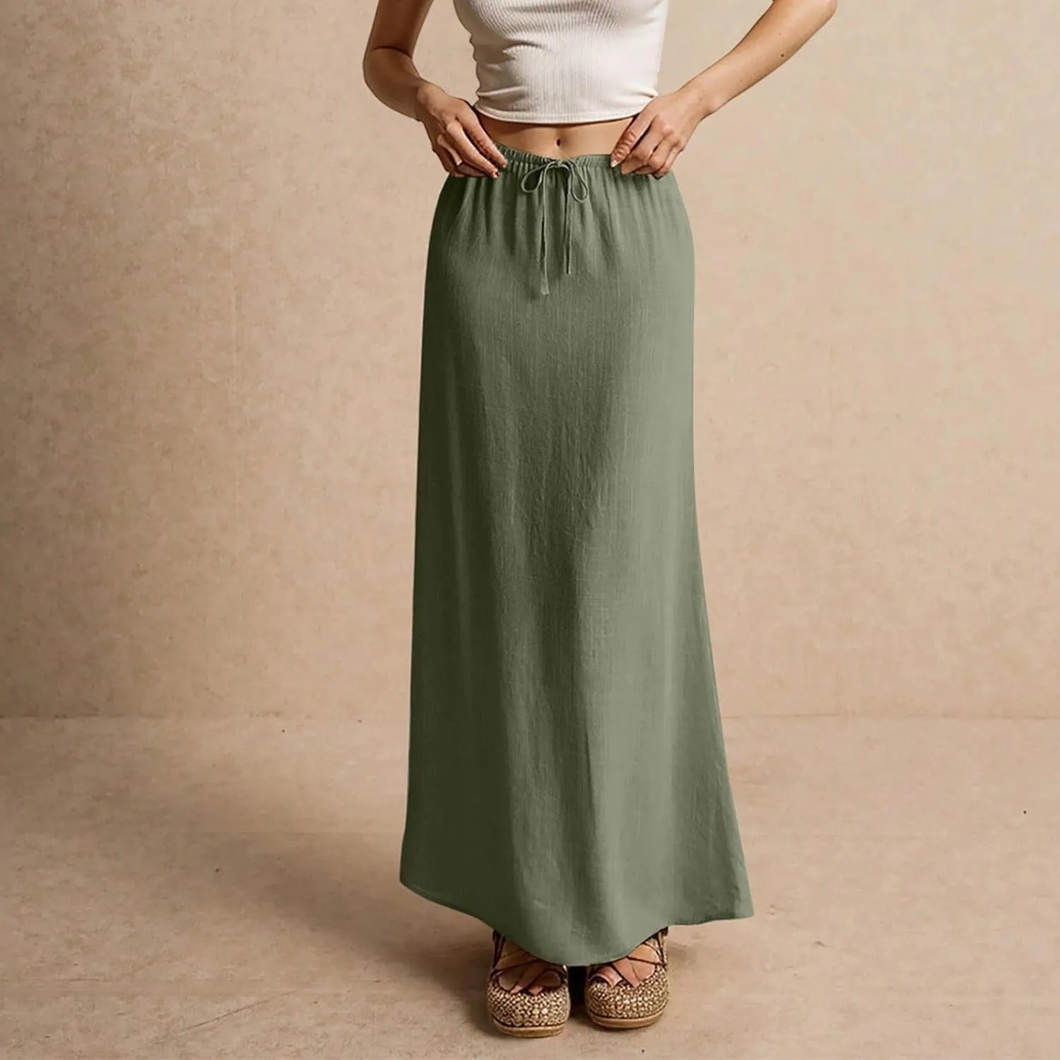 Womens Linen Skirt Cotton Linen Maxi Summer Comfy Drawstring Low Waist Spring Midi Skirt Flowy Vacation Bohemian