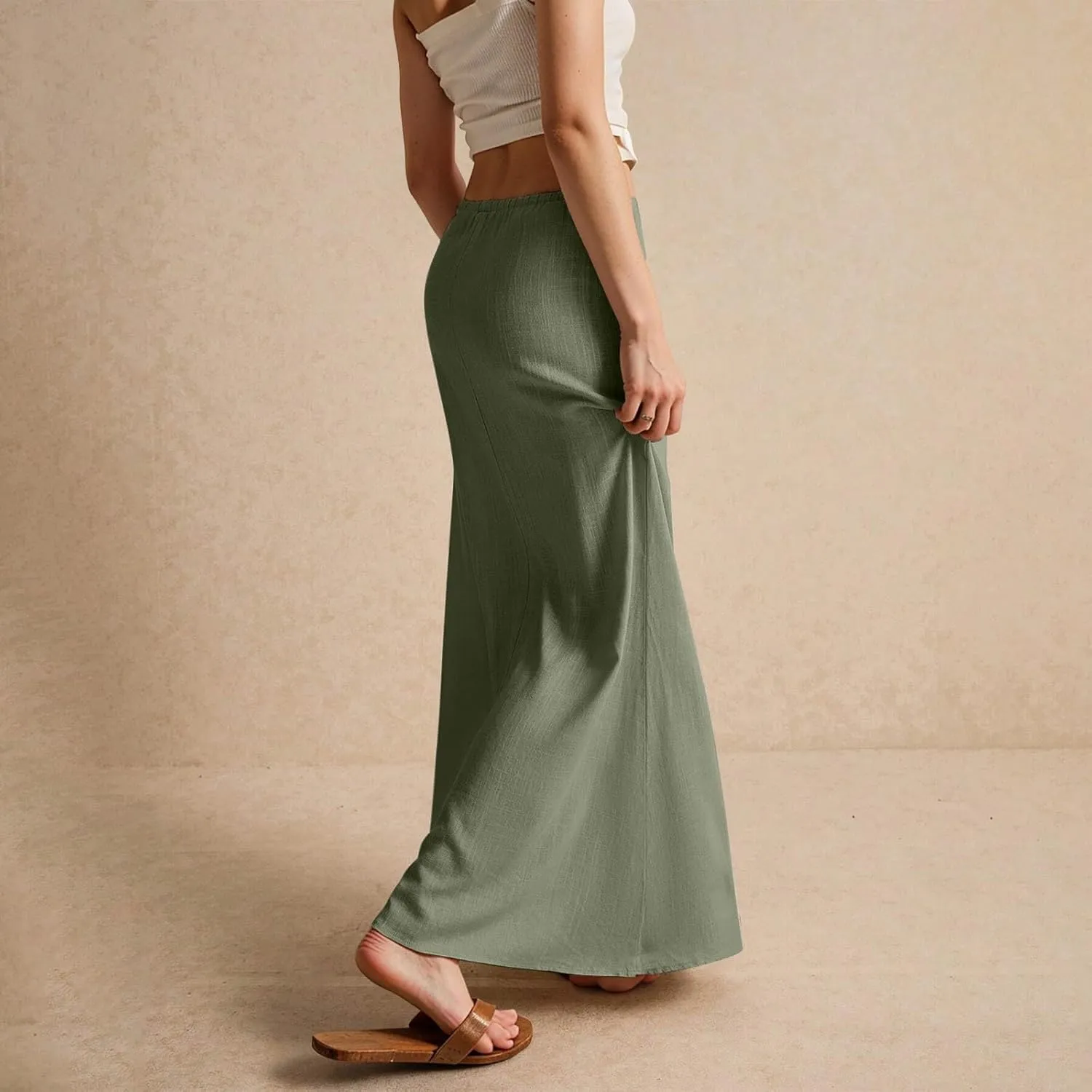 Womens Linen Skirt Cotton Linen Maxi Summer Comfy Drawstring Low Waist Spring Midi Skirt Flowy Vacation Bohemian