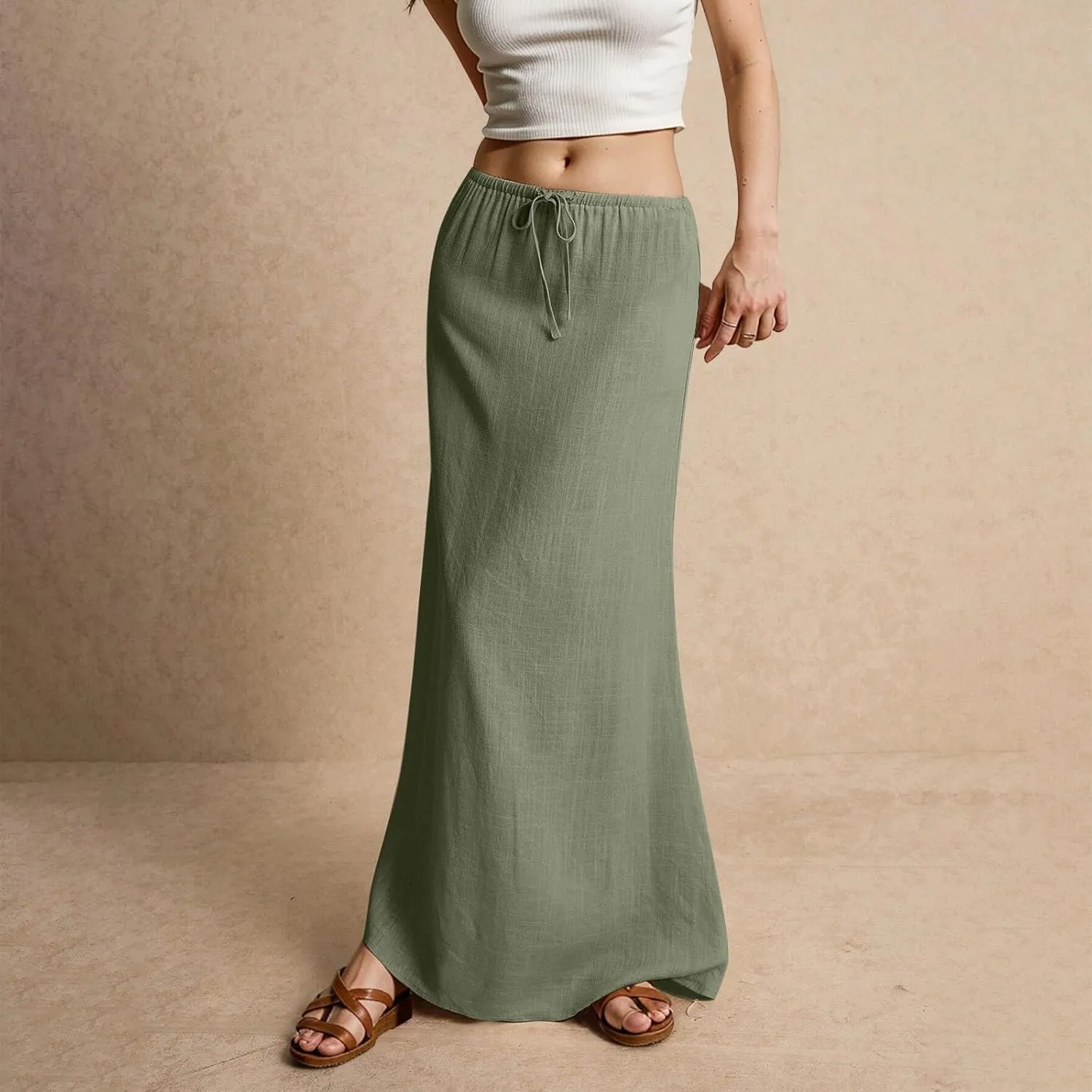 Womens Linen Skirt Cotton Linen Maxi Summer Comfy Drawstring Low Waist Spring Midi Skirt Flowy Vacation Bohemian