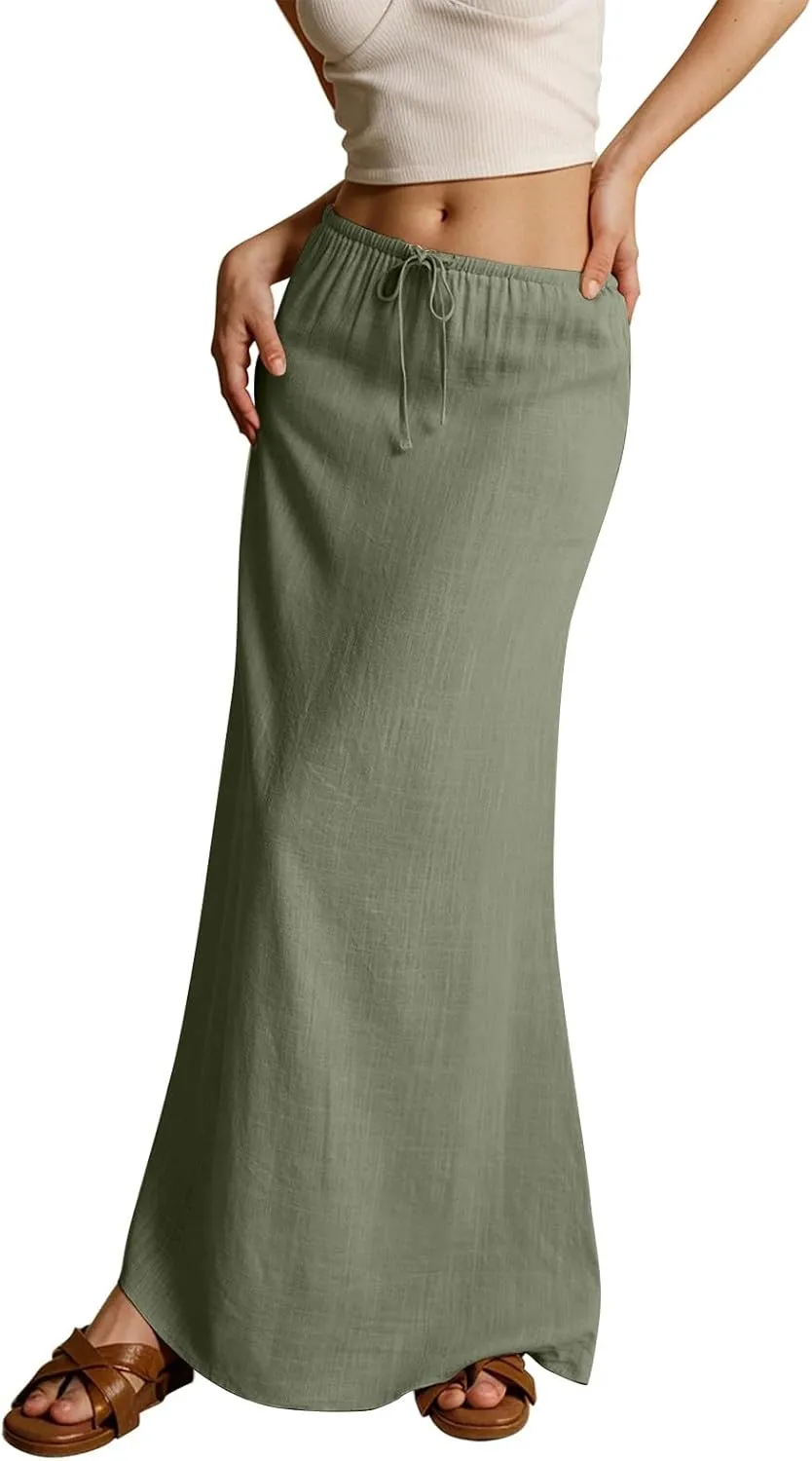 Womens Linen Skirt Cotton Linen Maxi Summer Comfy Drawstring Low Waist Spring Midi Skirt Flowy Vacation Bohemian
