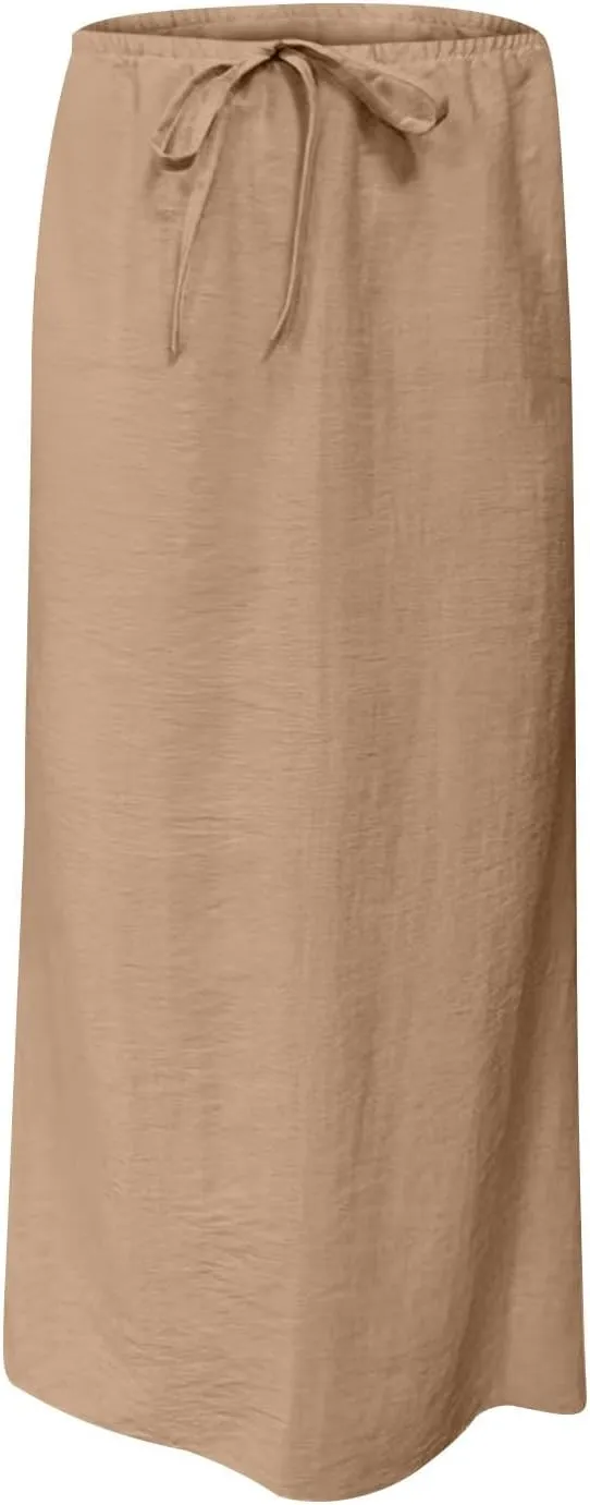Womens Maxi Skirt Casual Flowy Drawstring High Waist Flowy Long Skirts Summer Beach Vacation Outfits Clothes