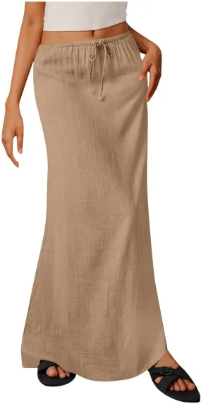 Womens Maxi Skirt Casual Flowy Drawstring High Waist Flowy Long Skirts Summer Beach Vacation Outfits Clothes