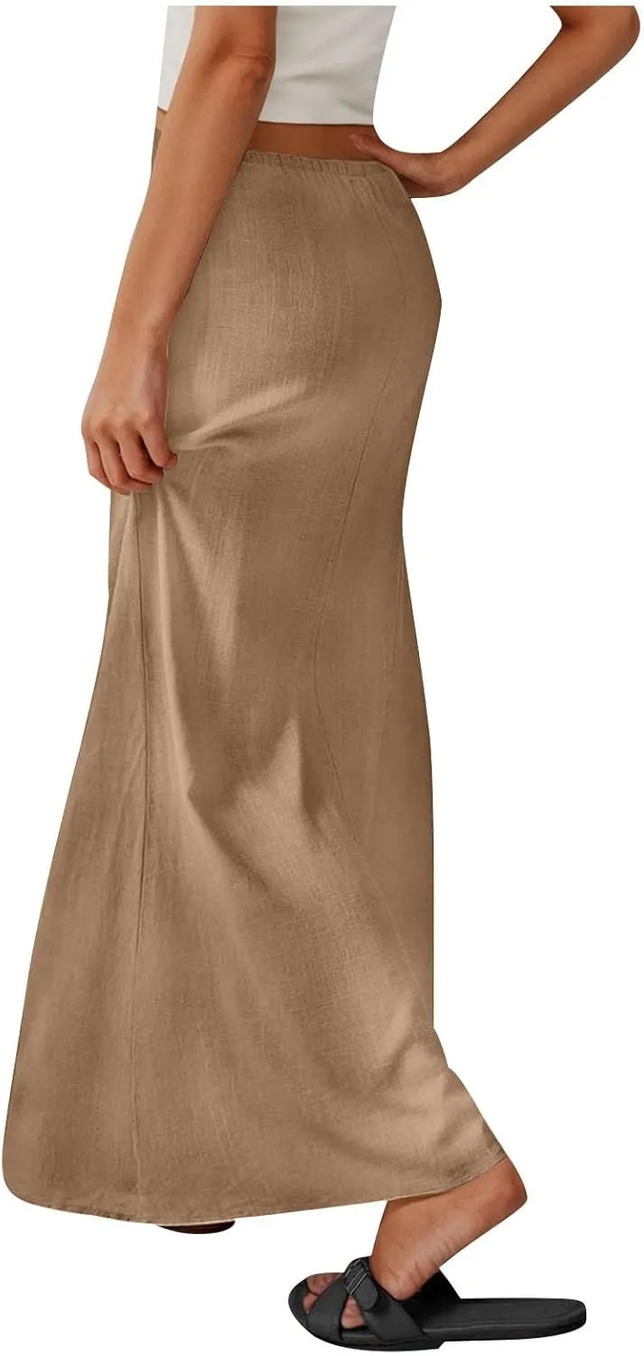 Womens Maxi Skirt Casual Flowy Drawstring High Waist Flowy Long Skirts Summer Beach Vacation Outfits Clothes