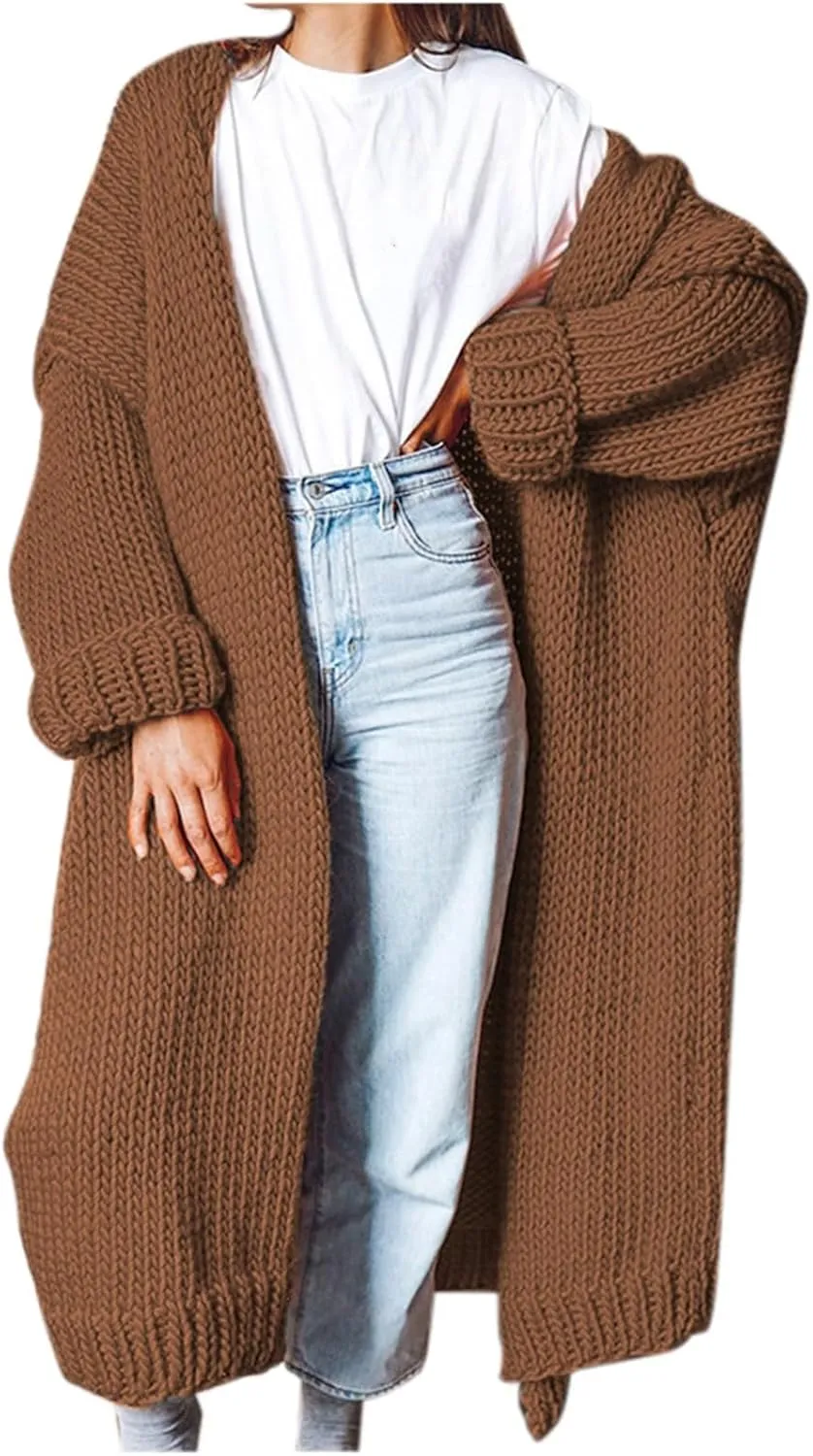 Women's Oversize Cardigan Long Plain Color Chunky Knit Sweaters Open Front Long Sleeve Outerwear Coat
