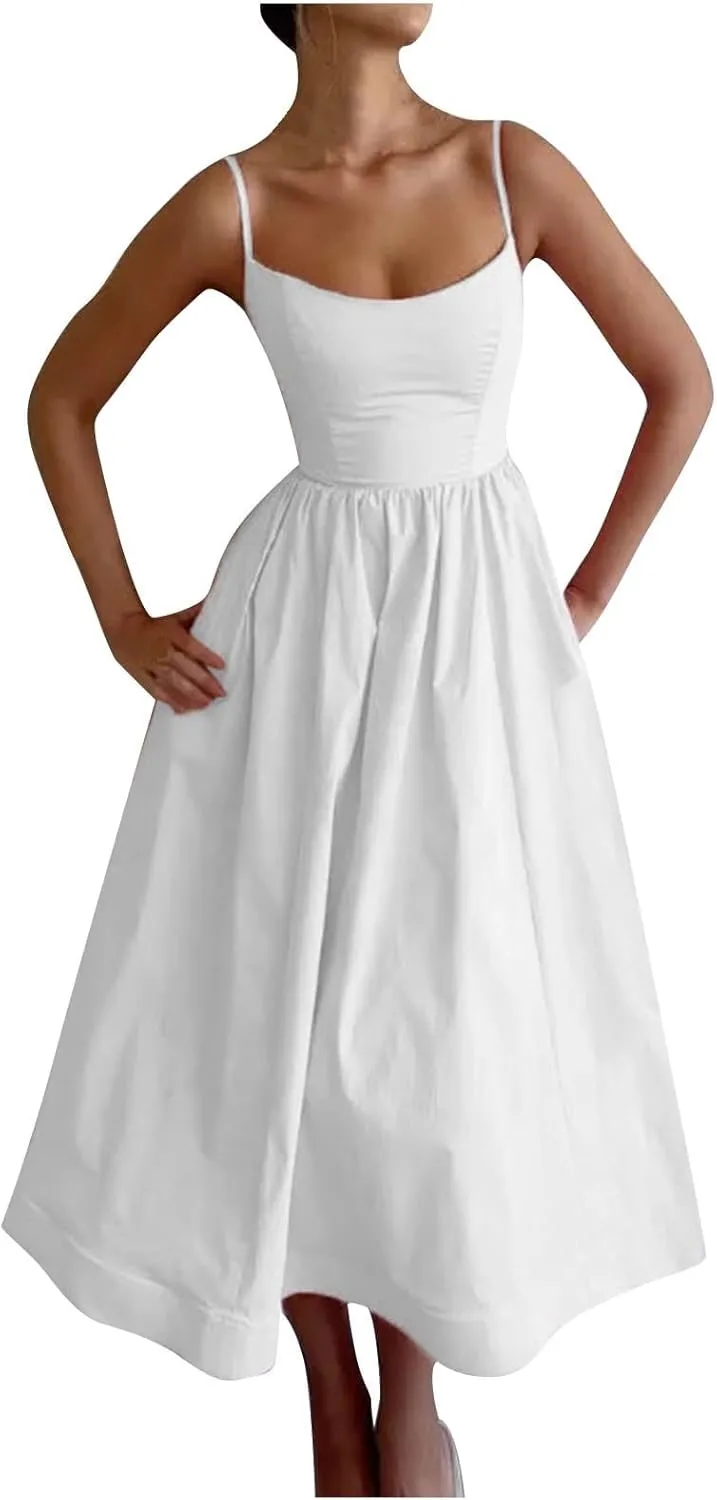 Womens Smocked Maxi Dresses Spaghetti Strap Square Neck Swing A Line Dress 2025 Summer Chic Flowy Beach Sexy Sundress