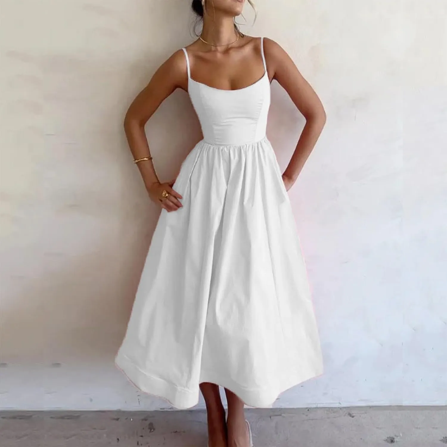 Womens Smocked Maxi Dresses Spaghetti Strap Square Neck Swing A Line Dress 2025 Summer Chic Flowy Beach Sexy Sundress