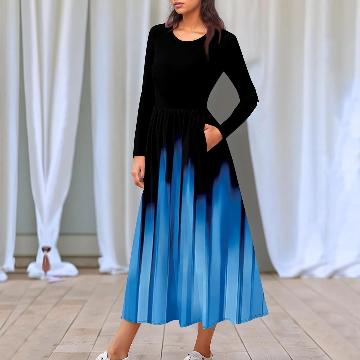 Womens Spring Fashion 2025 Dress Long Sleeve O Neck Midi Elegant Tea Length Summer Trendy Fitted Dressy Dress