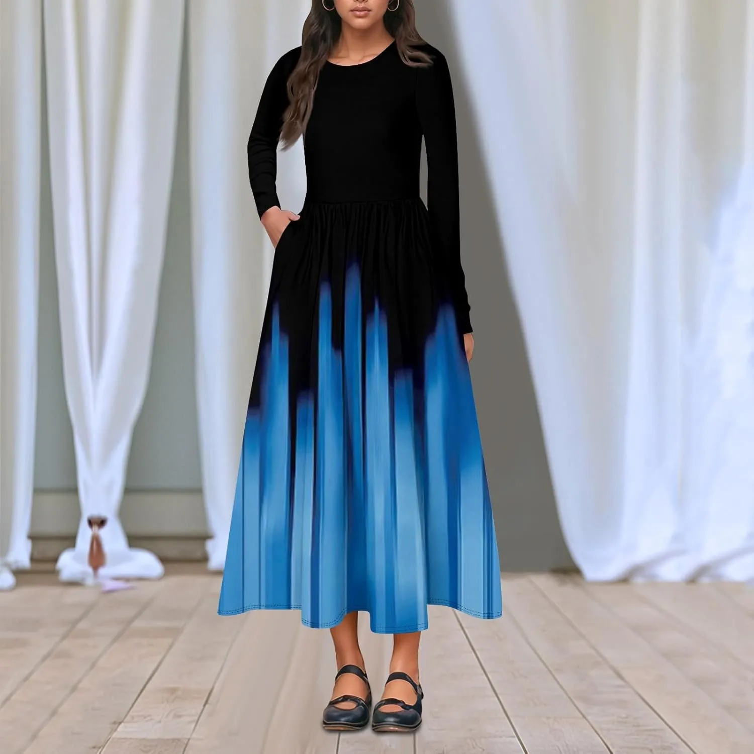 Womens Spring Fashion 2025 Dress Long Sleeve O Neck Midi Elegant Tea Length Summer Trendy Fitted Dressy Dress