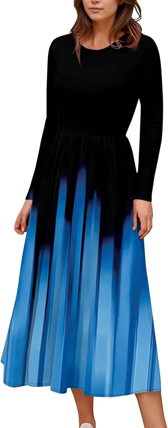 Womens Spring Fashion 2025 Dress Long Sleeve O Neck Midi Elegant Tea Length Summer Trendy Fitted Dressy Dress