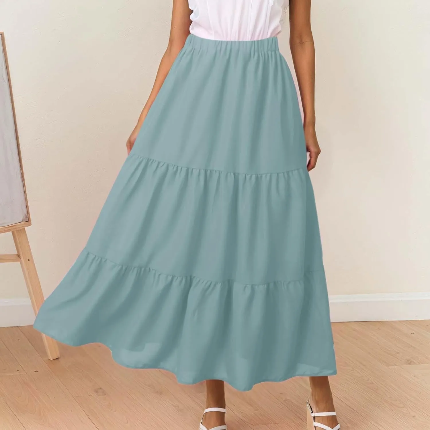 Womens Summer Boho Flowy Swing Tiered A-Line Maxi Skirt 2025 Fashion Trendy Elastic Waist Pleated Long Beach Dress
