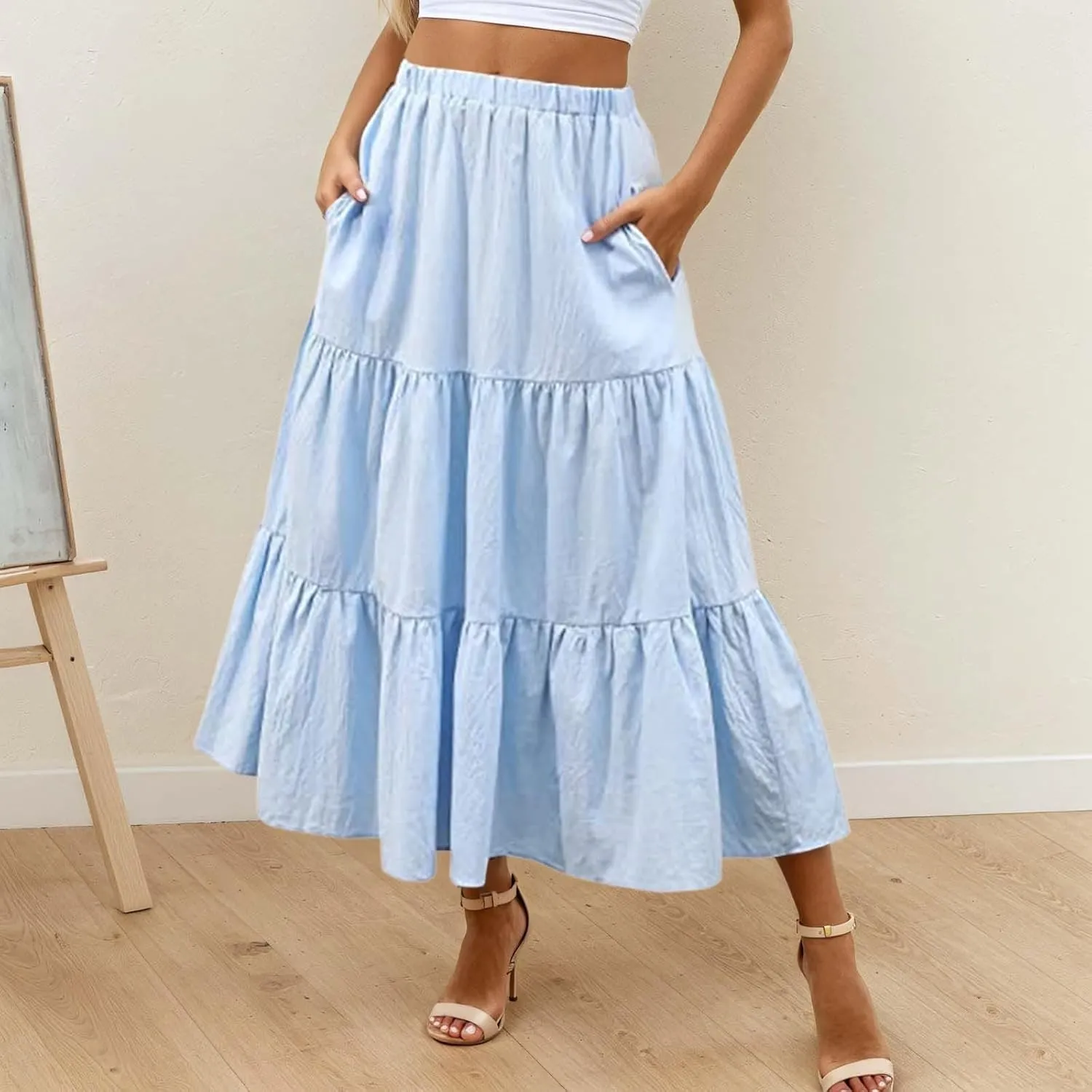 Womens Summer Boho Flowy Swing Tiered A-Line Maxi Skirt 2025 Fashion Trendy Elastic Waist Pleated Long Beach Dress