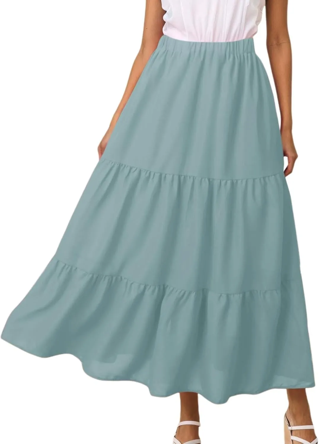 Womens Summer Boho Flowy Swing Tiered A-Line Maxi Skirt 2025 Fashion Trendy Elastic Waist Pleated Long Beach Dress