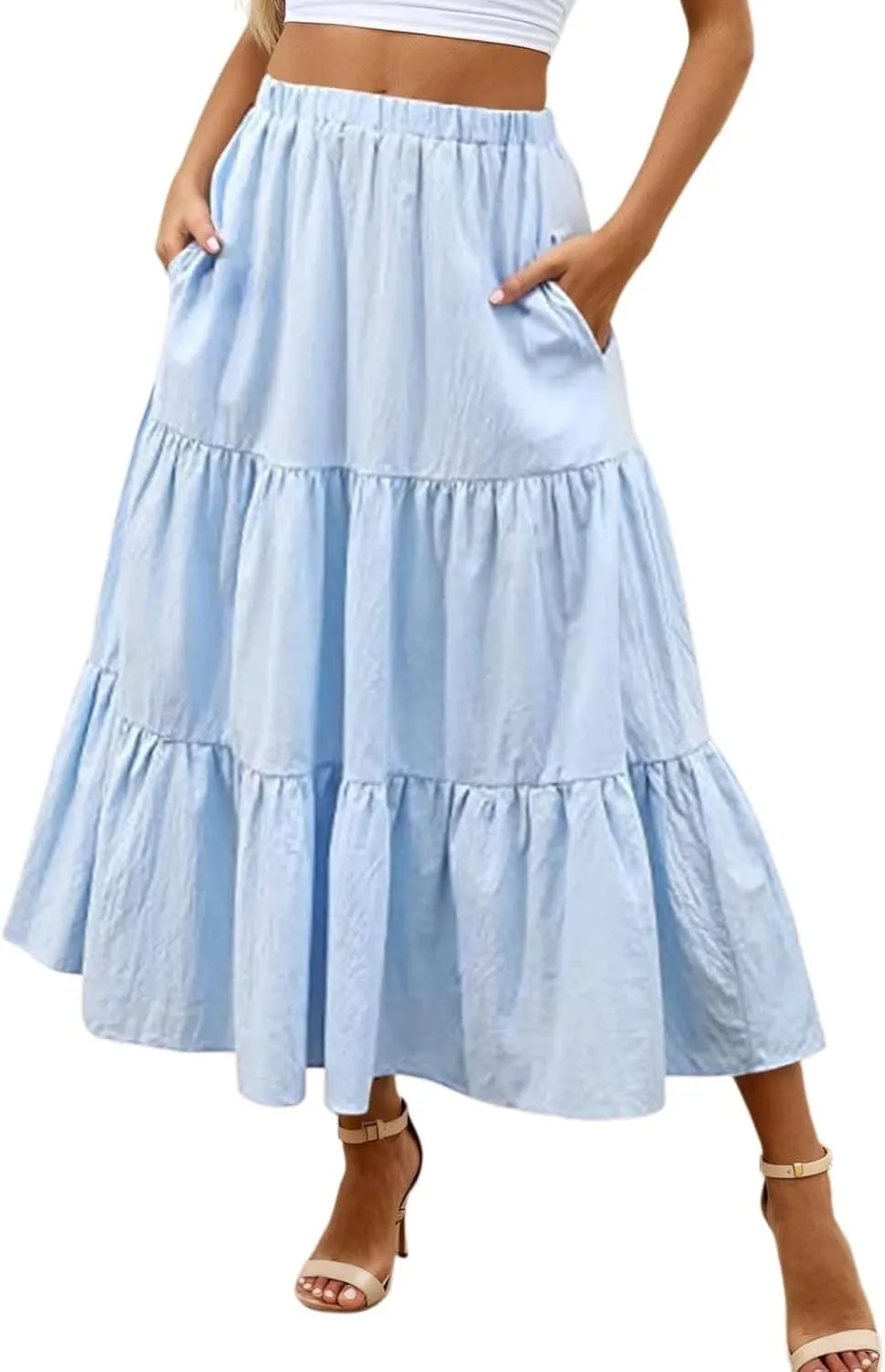 Womens Summer Boho Flowy Swing Tiered A-Line Maxi Skirt 2025 Fashion Trendy Elastic Waist Pleated Long Beach Dress