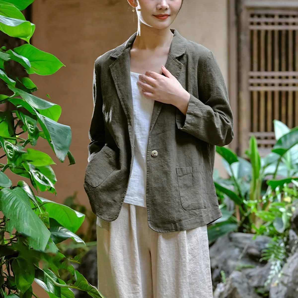 Womens Summer Cotton Linen Blazer Jackets 3/4 Long Sleeve Notch Lapel One Button Suit Coat Jackets