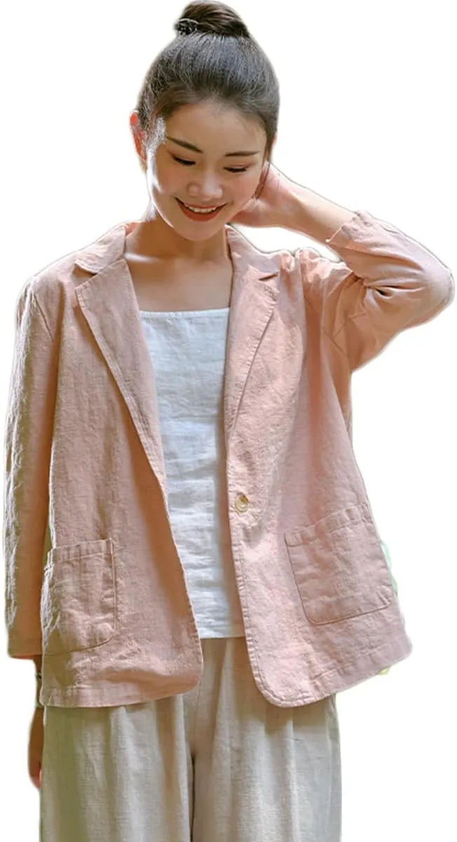 Womens Summer Cotton Linen Blazer Jackets 3/4 Long Sleeve Notch Lapel One Button Suit Coat Jackets