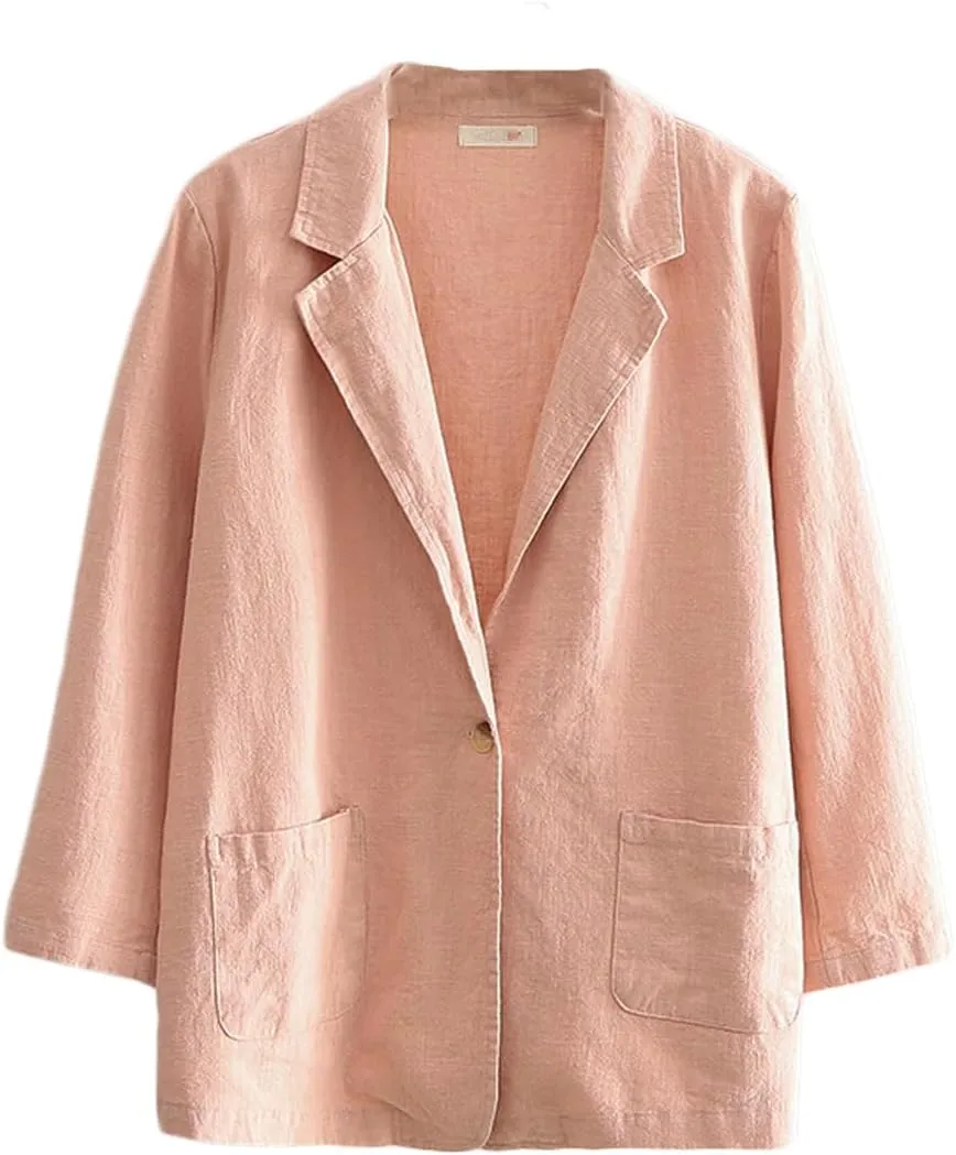 Womens Summer Cotton Linen Blazer Jackets 3/4 Long Sleeve Notch Lapel One Button Suit Coat Jackets