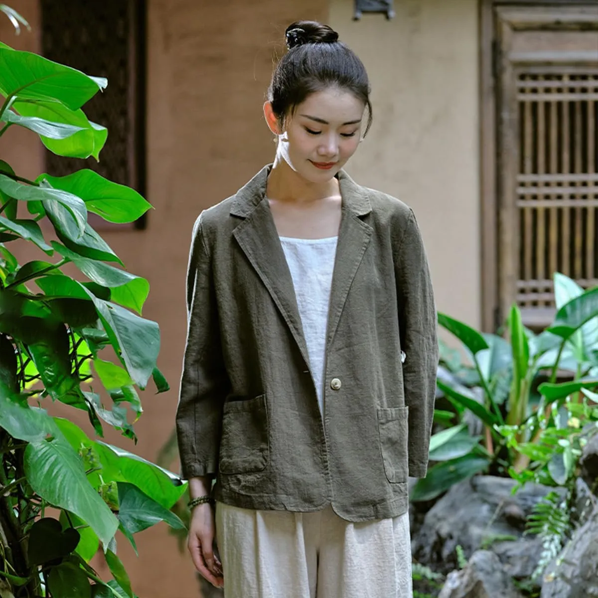 Womens Summer Cotton Linen Blazer Jackets 3/4 Long Sleeve Notch Lapel One Button Suit Coat Jackets
