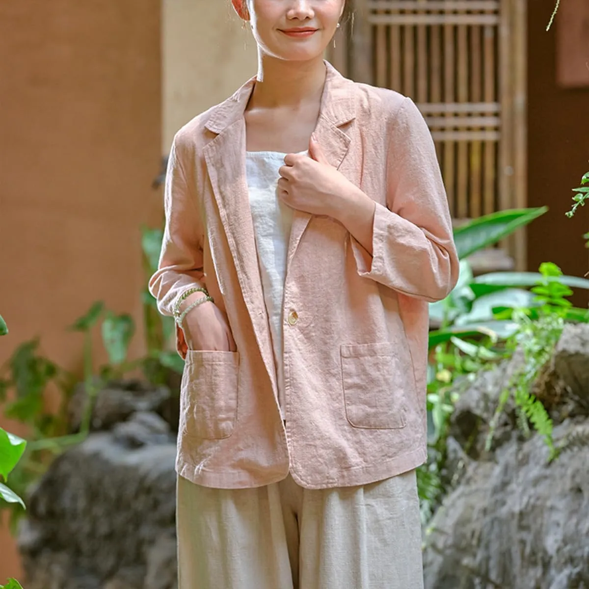 Womens Summer Cotton Linen Blazer Jackets 3/4 Long Sleeve Notch Lapel One Button Suit Coat Jackets