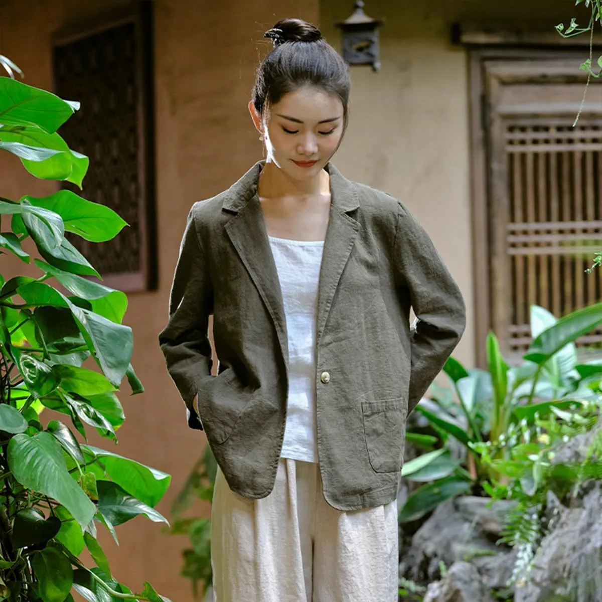 Womens Summer Cotton Linen Blazer Jackets 3/4 Long Sleeve Notch Lapel One Button Suit Coat Jackets