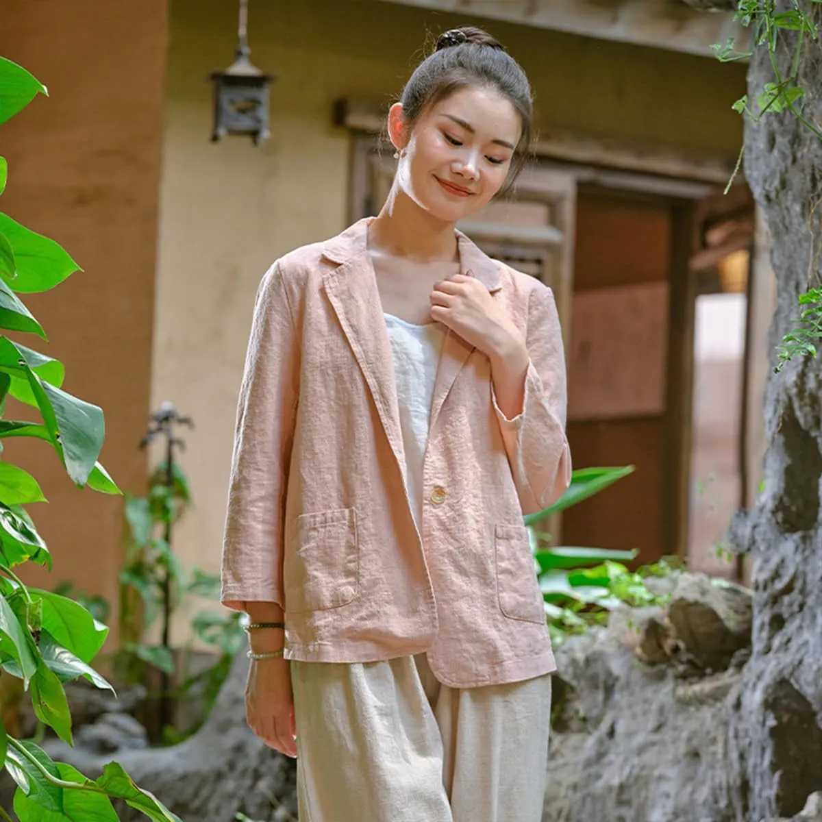 Womens Summer Cotton Linen Blazer Jackets 3/4 Long Sleeve Notch Lapel One Button Suit Coat Jackets