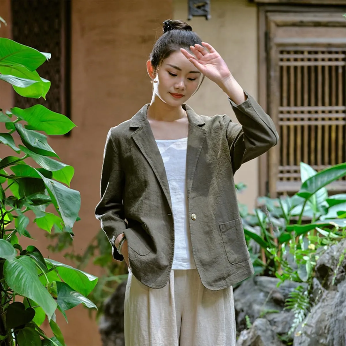 Womens Summer Cotton Linen Blazer Jackets 3/4 Long Sleeve Notch Lapel One Button Suit Coat Jackets