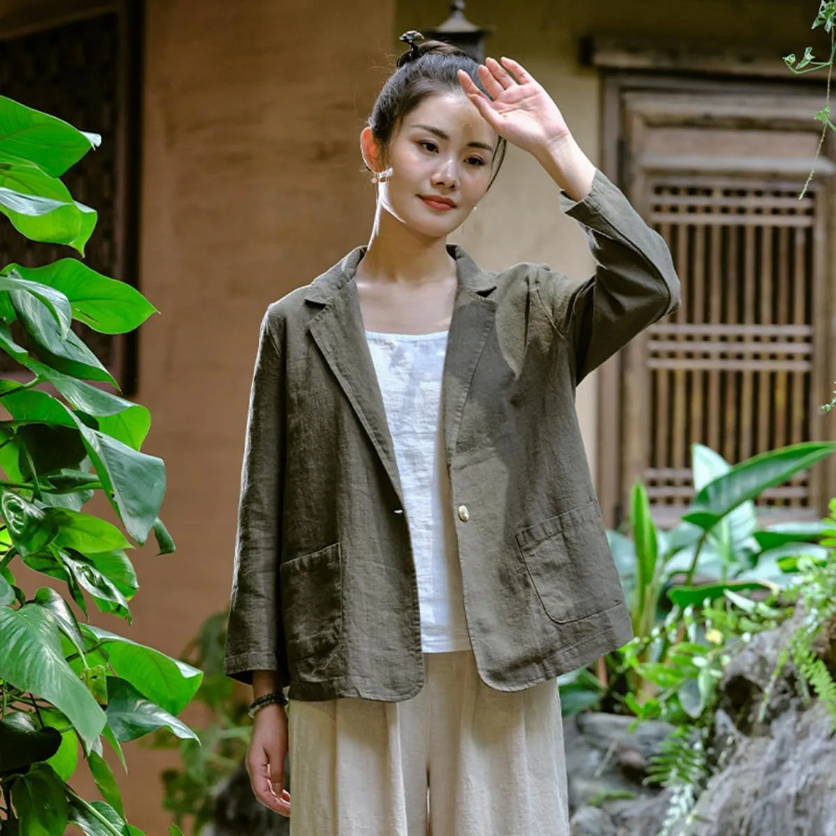 Womens Summer Cotton Linen Blazer Jackets 3/4 Long Sleeve Notch Lapel One Button Suit Coat Jackets