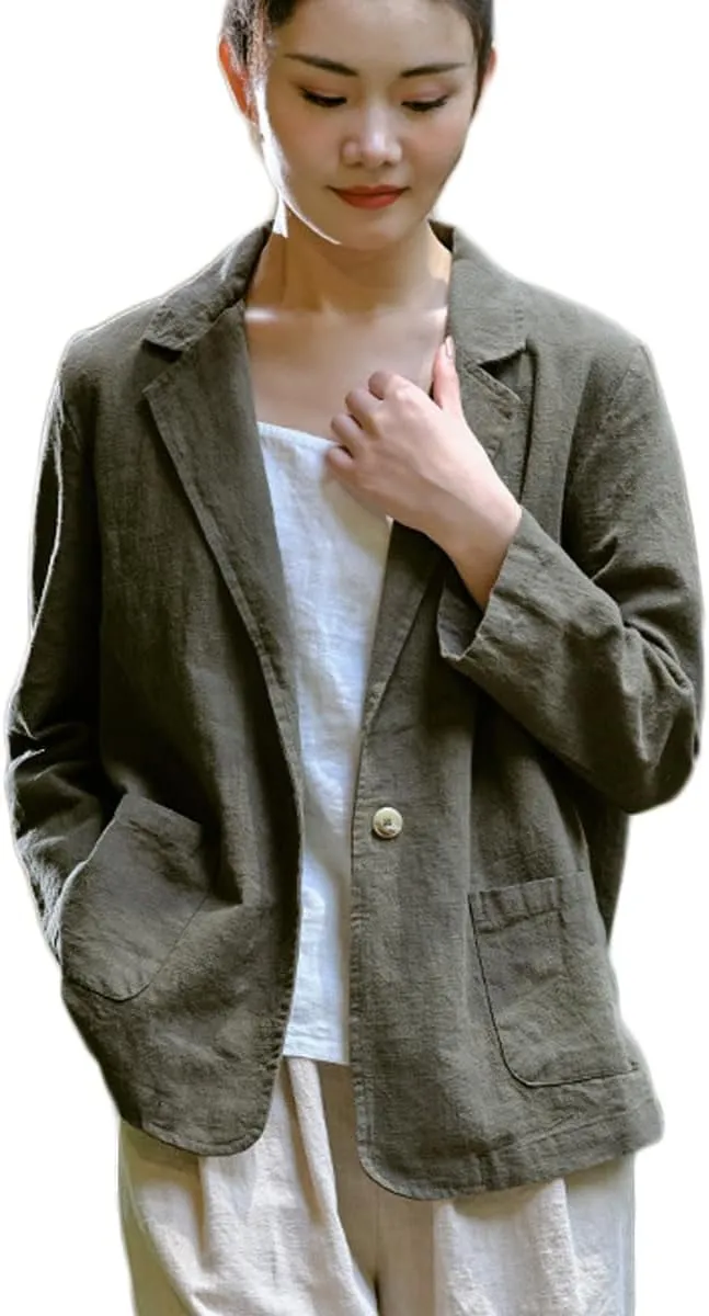 Womens Summer Cotton Linen Blazer Jackets 3/4 Long Sleeve Notch Lapel One Button Suit Coat Jackets