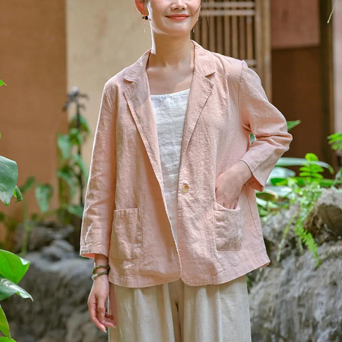 Womens Summer Cotton Linen Blazer Jackets 3/4 Long Sleeve Notch Lapel One Button Suit Coat Jackets
