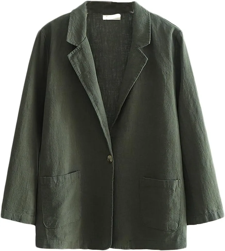 Womens Summer Cotton Linen Blazer Jackets 3/4 Long Sleeve Notch Lapel One Button Suit Coat Jackets