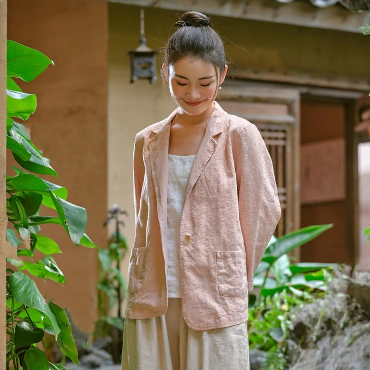 Womens Summer Cotton Linen Blazer Jackets 3/4 Long Sleeve Notch Lapel One Button Suit Coat Jackets