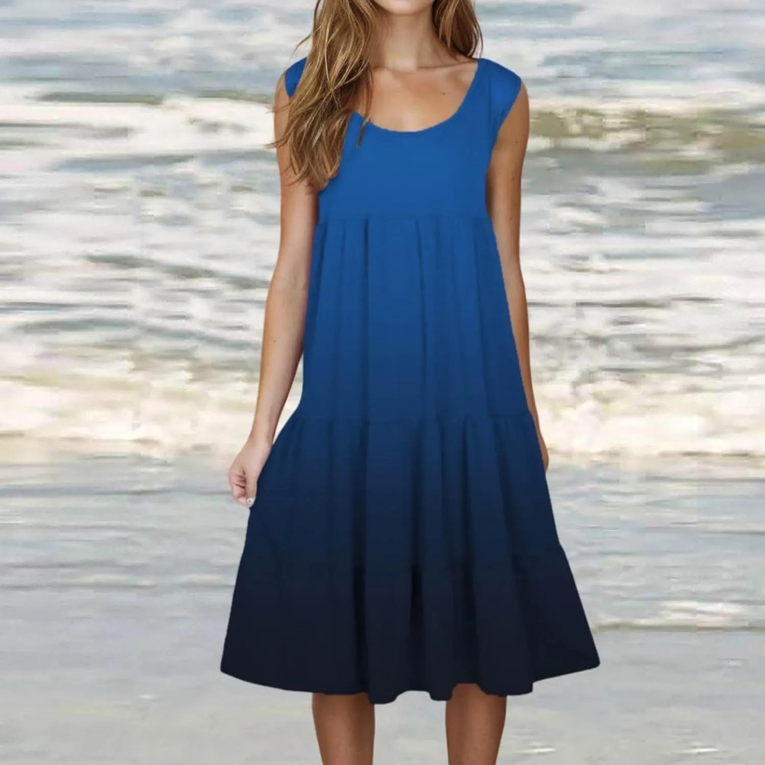 Womens Summer Dresses 2025 Sleeveless Crew Neck Vacation Sundresses Casual Loose Flowy Midi Dress