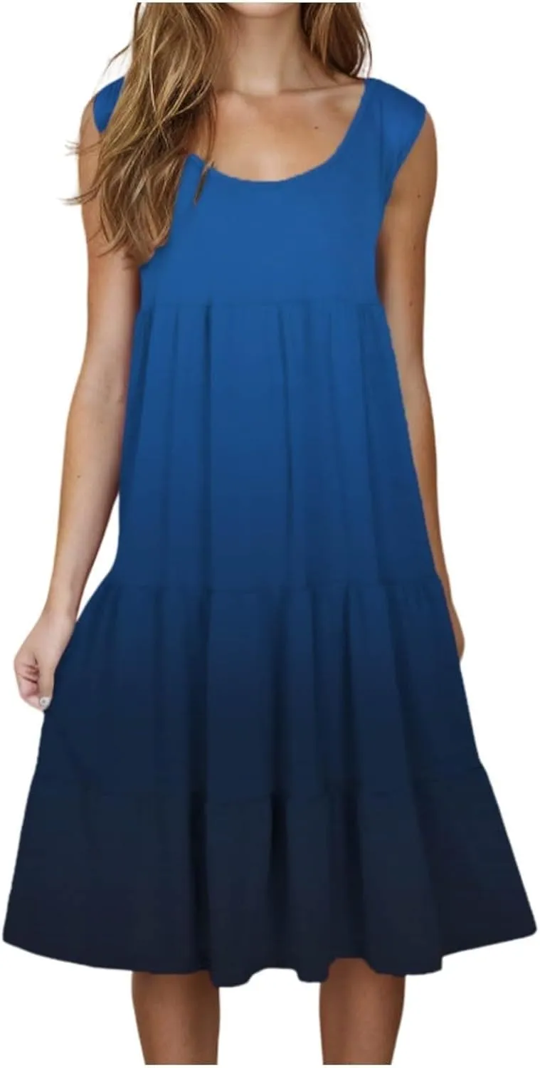 Womens Summer Dresses 2025 Sleeveless Crew Neck Vacation Sundresses Casual Loose Flowy Midi Dress