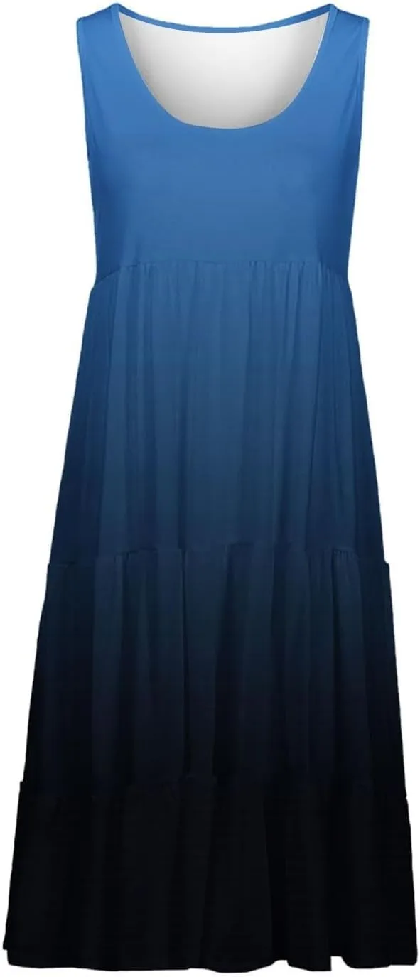 Womens Summer Dresses 2025 Sleeveless Crew Neck Vacation Sundresses Casual Loose Flowy Midi Dress