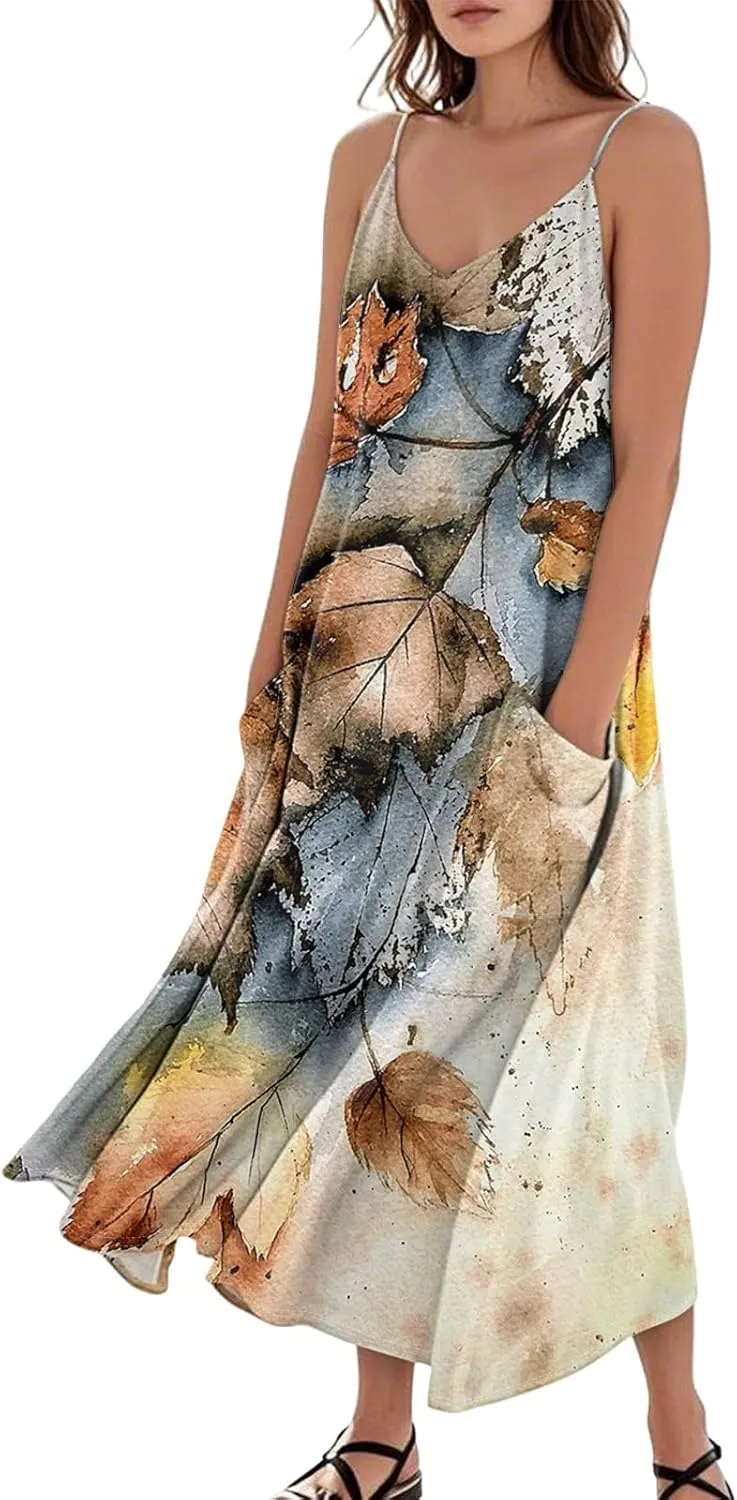 Womens Summer Dresses 2025 Trendy Beach Print Dresses Elegant Vacation Sleeveless Sundress Casual V Neck Maxi-Dress