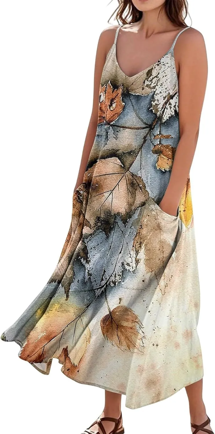 Womens Summer Dresses 2025 Trendy Beach Print Dresses Elegant Vacation Sleeveless Sundress Casual V Neck Maxi-Dress