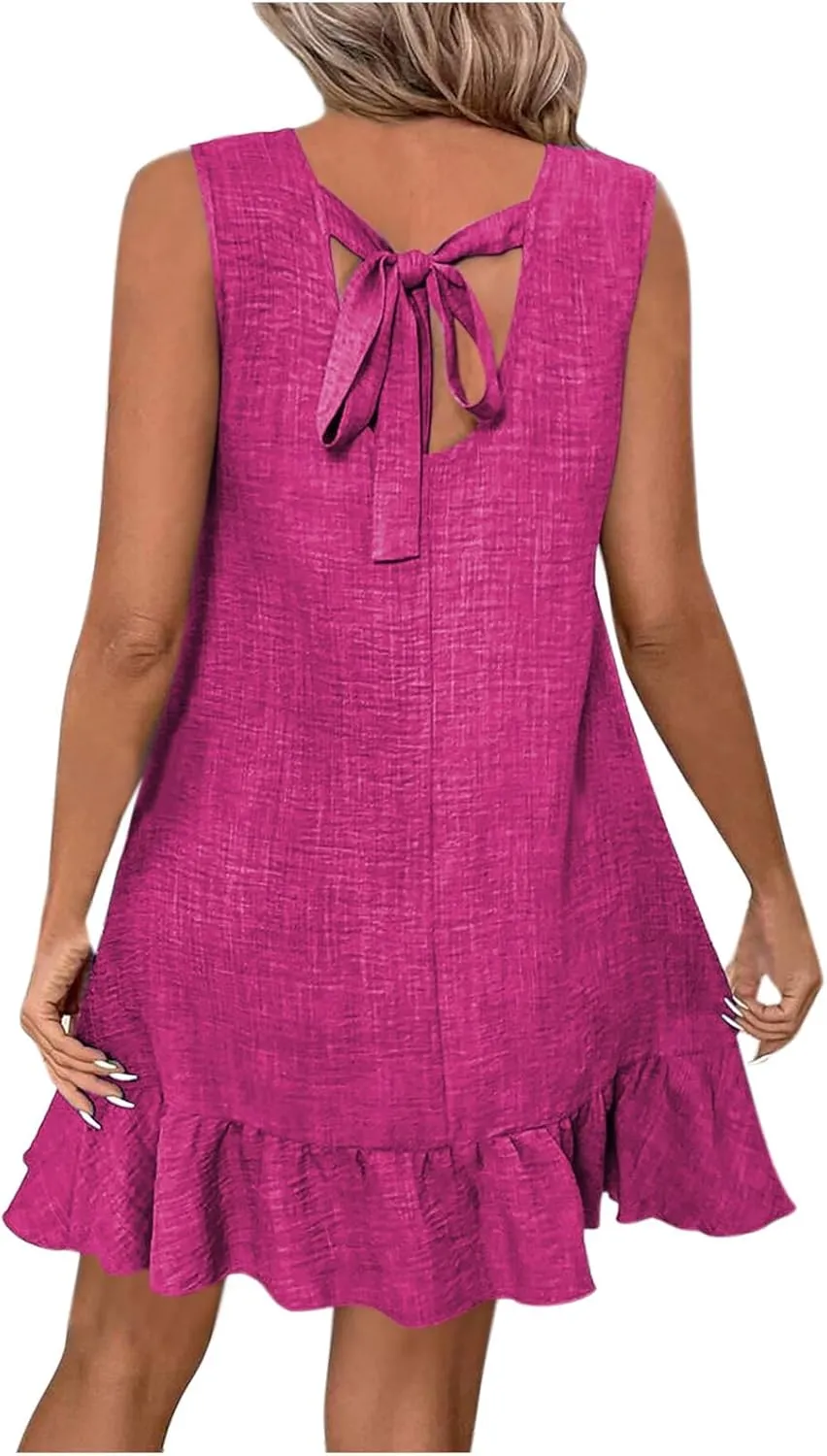 Womens Summer Dresses Casual Crew Neck Sleeveless Beach Dress Fashion Solid Color Loose Fit Pleated Sundress