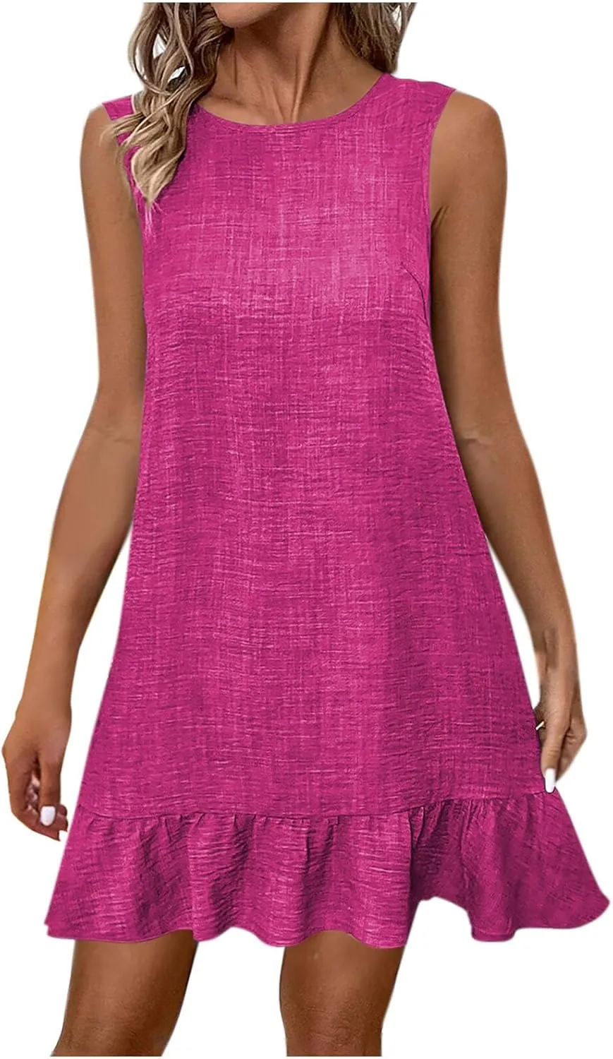 Womens Summer Dresses Casual Crew Neck Sleeveless Beach Dress Fashion Solid Color Loose Fit Pleated Sundress